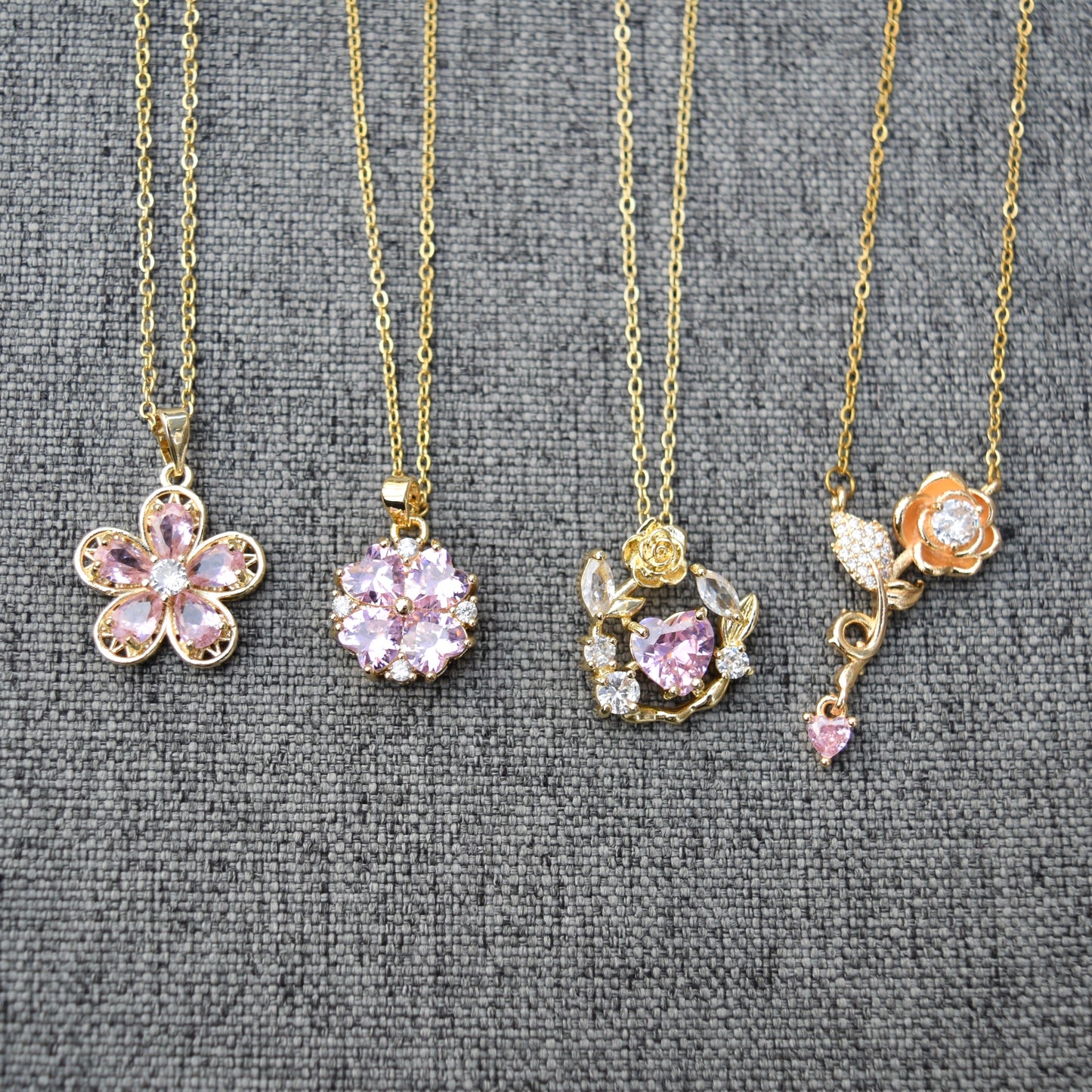 Pink Crystal Flower Charm Necklace - Stainless Steel Chain