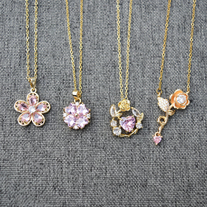 Pink Crystal Flower Charm Necklace - Stainless Steel Chain