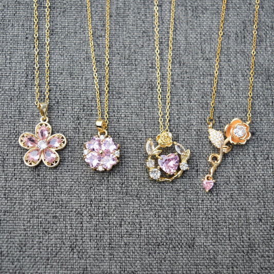 Pink Crystal Flower Charm Necklace - Stainless Steel Chain