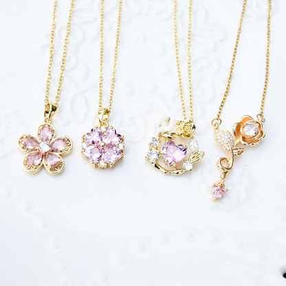 Pink Crystal Flower Charm Necklace - Stainless Steel Chain