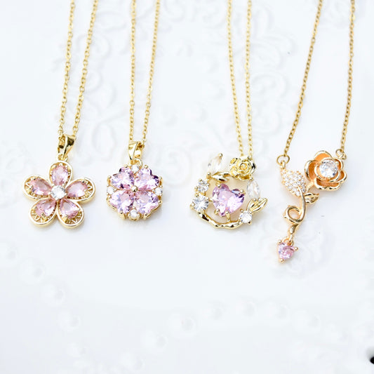Pink Crystal Flower Charm Necklace - Stainless Steel Chain