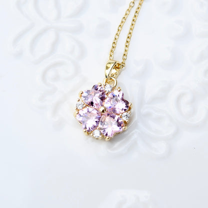 Pink Crystal Flower Charm Necklace - Stainless Steel Chain