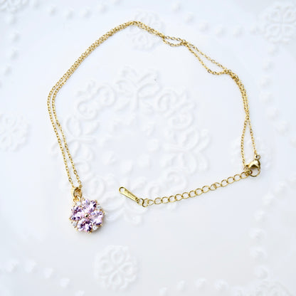 Pink Crystal Flower Charm Necklace - Stainless Steel Chain