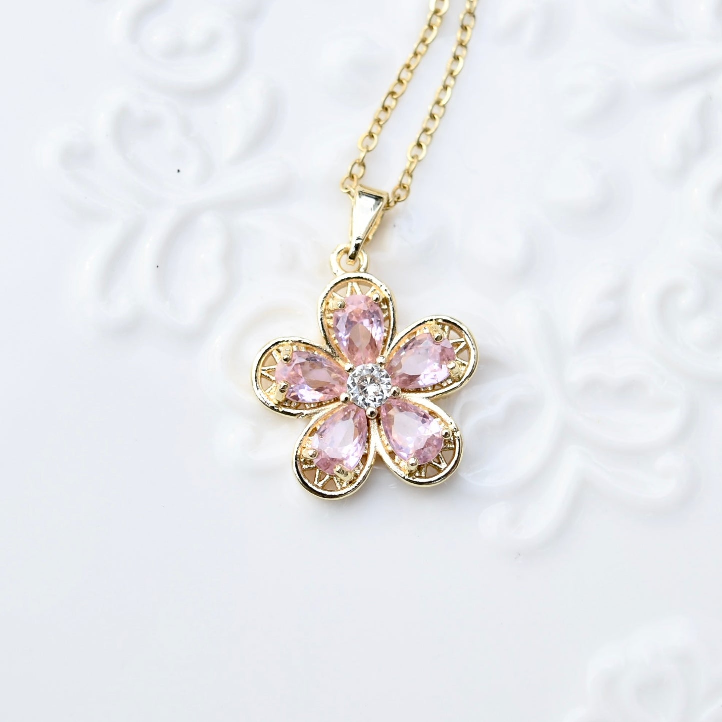 Pink Crystal Flower Charm Necklace - Stainless Steel Chain