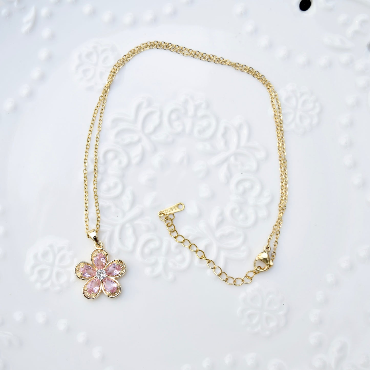 Pink Crystal Flower Charm Necklace - Stainless Steel Chain