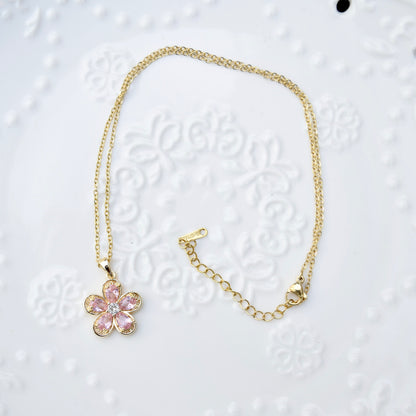 Pink Crystal Flower Charm Necklace - Stainless Steel Chain