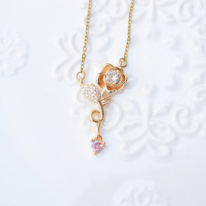 Pink Crystal Flower Charm Necklace - Stainless Steel Chain