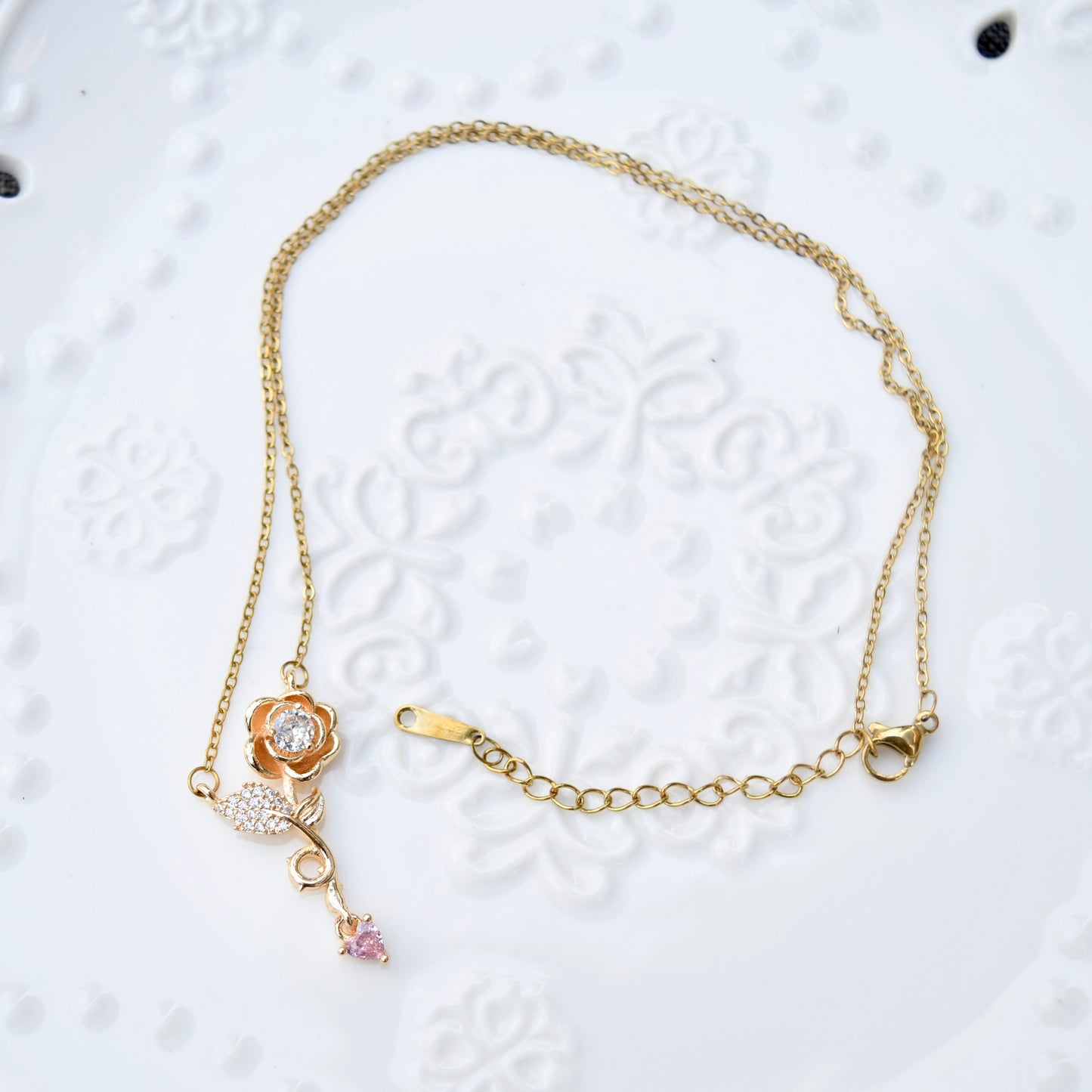 Pink Crystal Flower Charm Necklace - Stainless Steel Chain