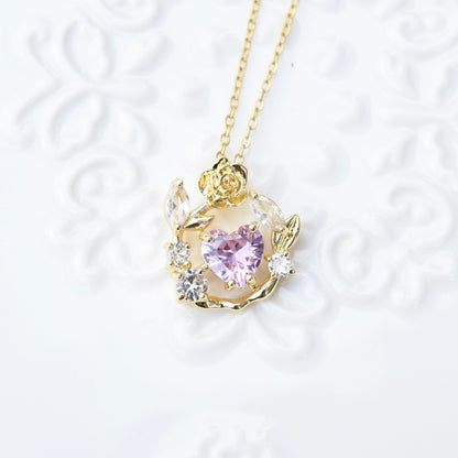 Pink Crystal Flower Charm Necklace - Stainless Steel Chain
