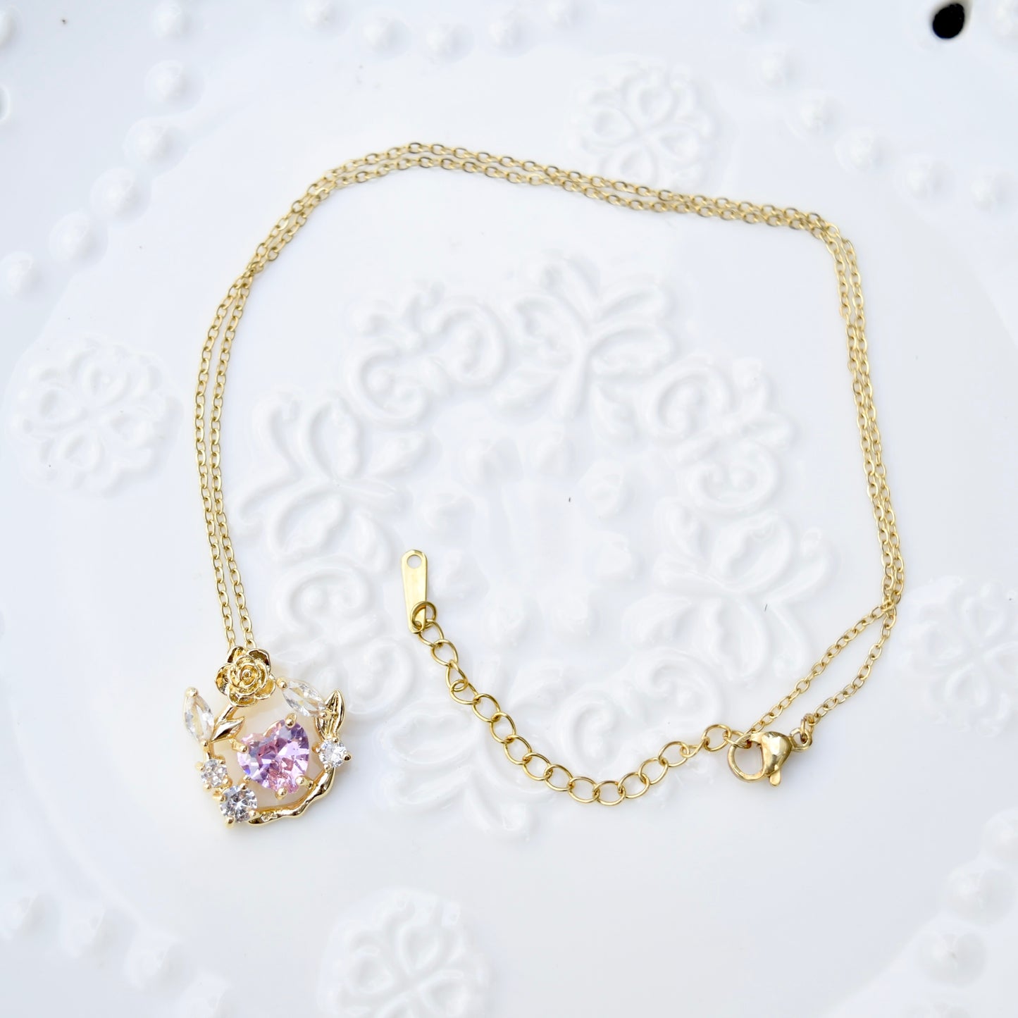 Pink Crystal Flower Charm Necklace - Stainless Steel Chain