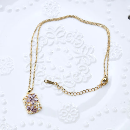 Purple Crystal Flower Charm Golden Necklace - Stainless Steel