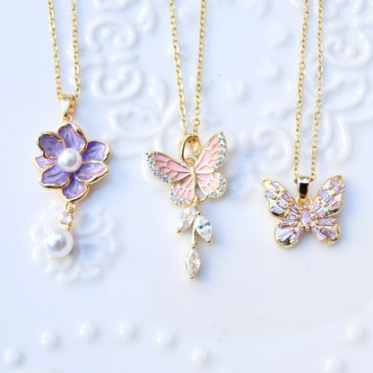 Pink Purple Flower Butterfly Charm Necklace - Stainless Steel Chain