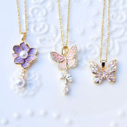Pink Purple Flower Butterfly Charm Necklace - Stainless Steel Chain
