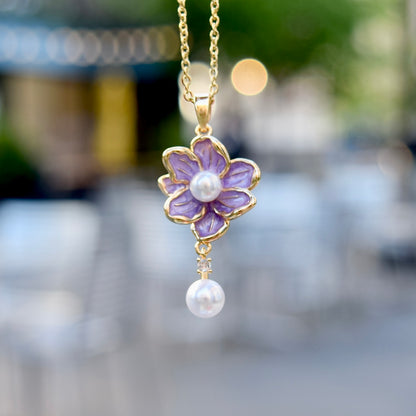 Pink Purple Flower Butterfly Charm Necklace - Stainless Steel Chain