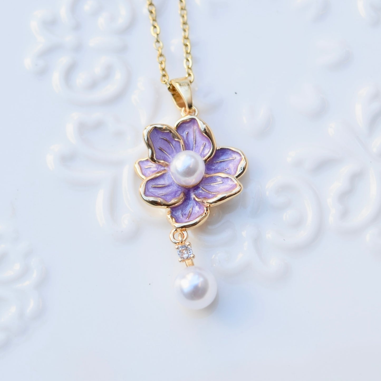 Pink Purple Flower Butterfly Charm Necklace - Stainless Steel Chain