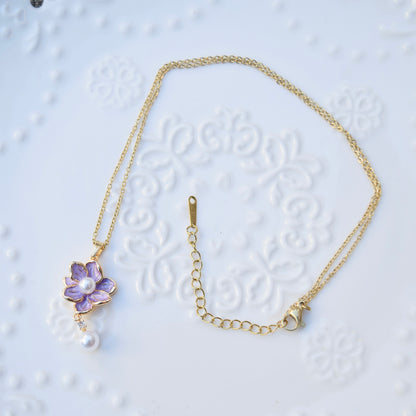 Pink Purple Flower Butterfly Charm Necklace - Stainless Steel Chain