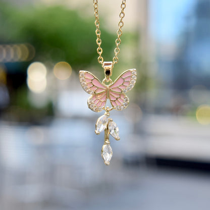 Pink Purple Flower Butterfly Charm Necklace - Stainless Steel Chain