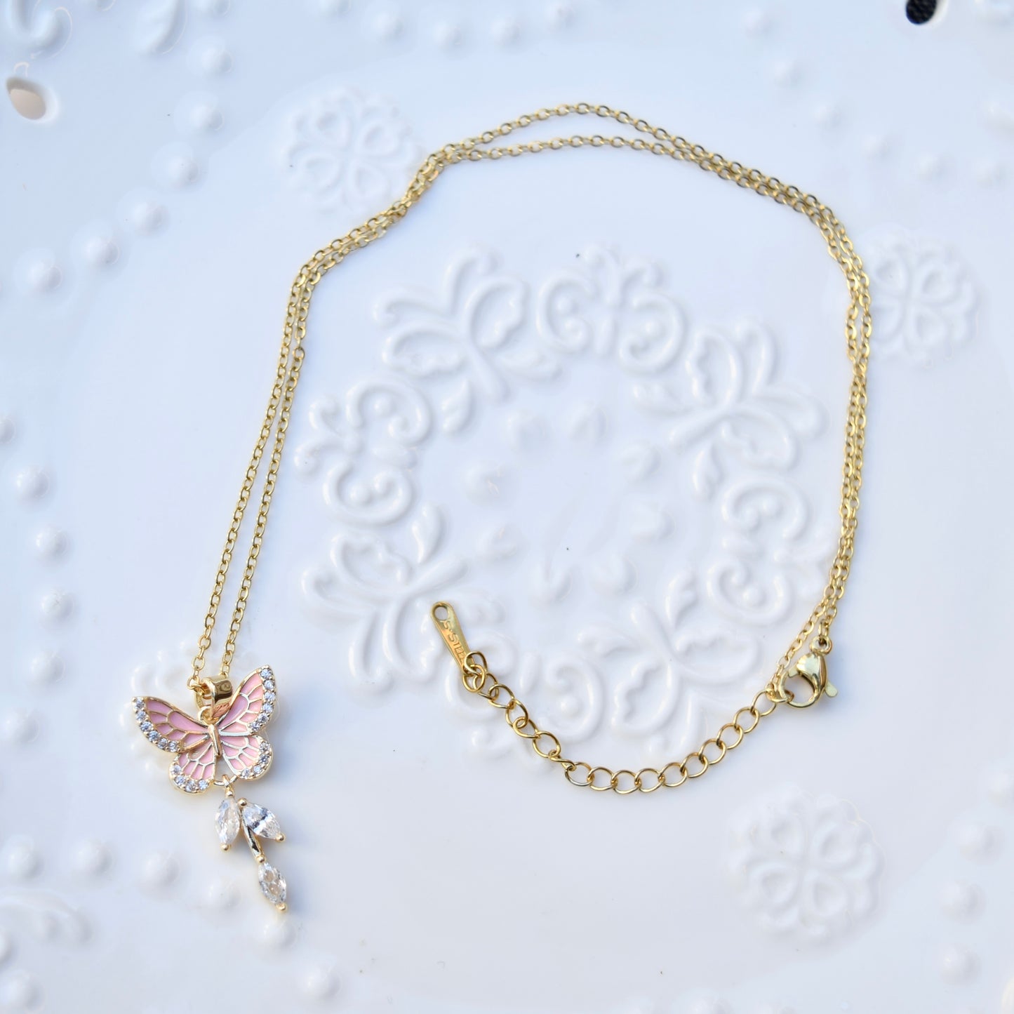 Pink Purple Flower Butterfly Charm Necklace - Stainless Steel Chain