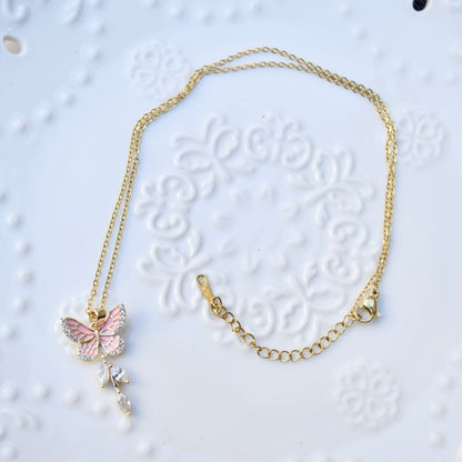 Pink Purple Flower Butterfly Charm Necklace - Stainless Steel Chain
