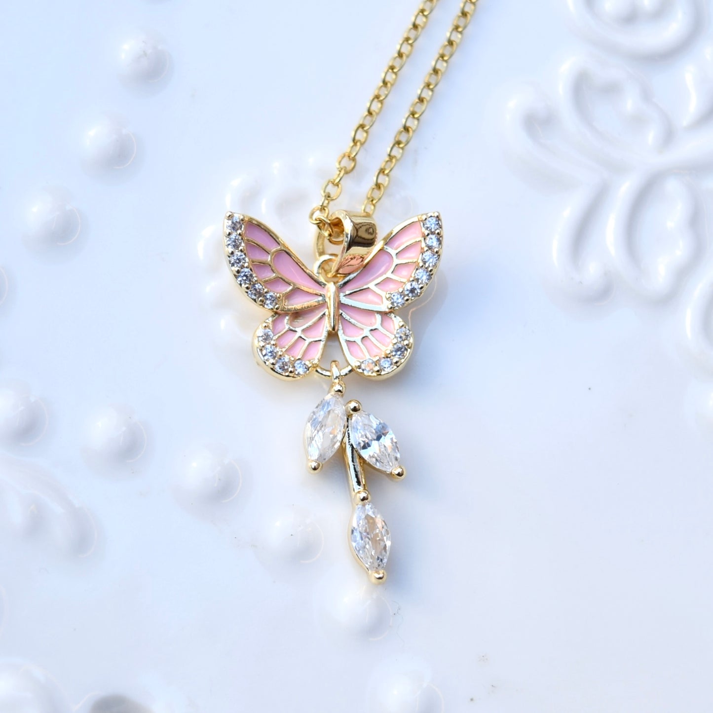 Pink Purple Flower Butterfly Charm Necklace - Stainless Steel Chain
