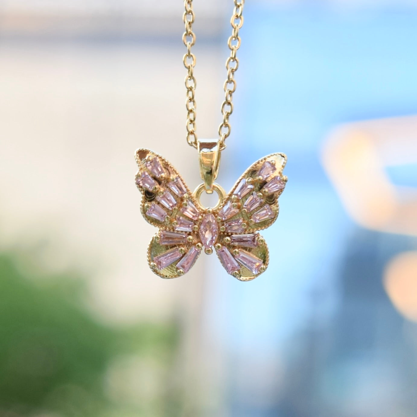 Pink Purple Flower Butterfly Charm Necklace - Stainless Steel Chain