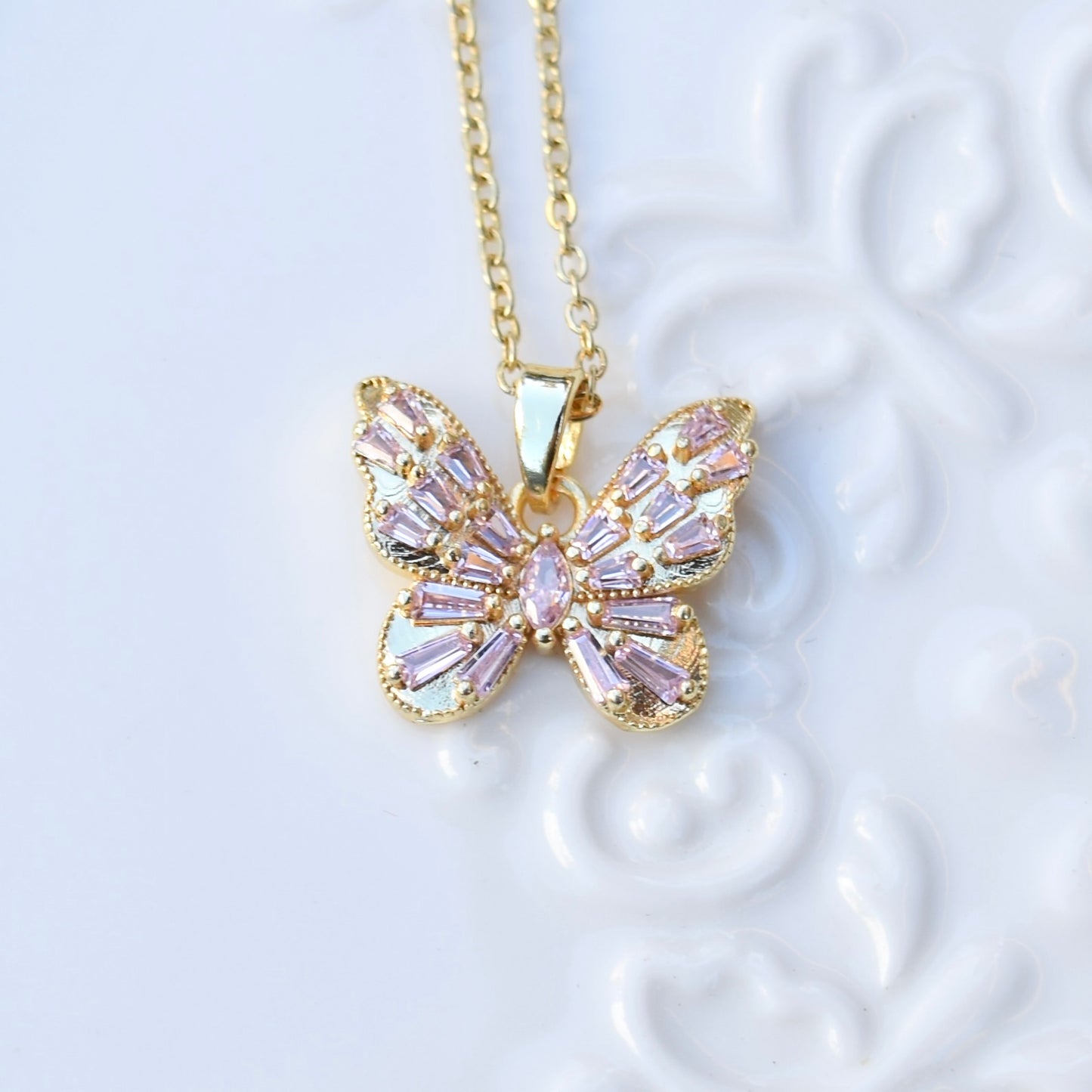 Pink Purple Flower Butterfly Charm Necklace - Stainless Steel Chain