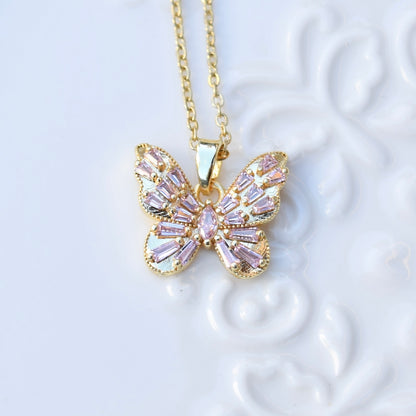 Pink Purple Flower Butterfly Charm Necklace - Stainless Steel Chain