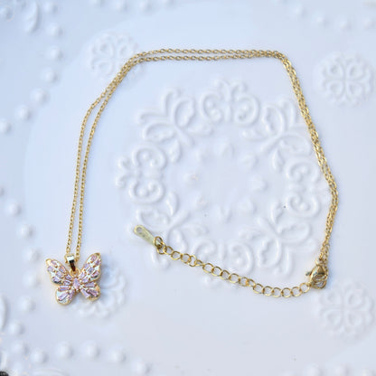 Pink Purple Flower Butterfly Charm Necklace - Stainless Steel Chain