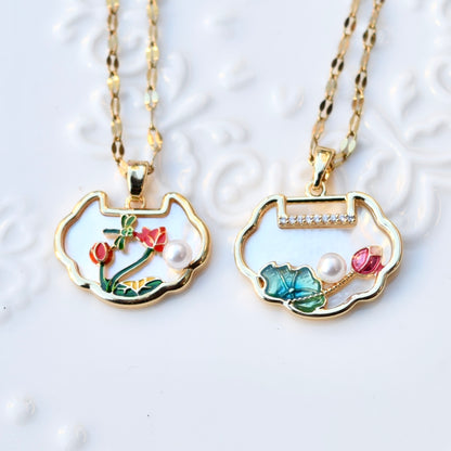 Lotus Enamel Ruyi Lock Necklace – White Shell Pendant