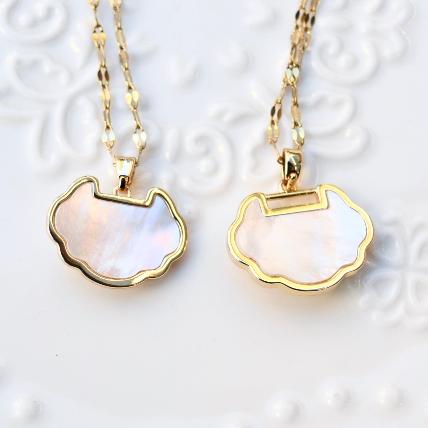 Lotus Enamel Ruyi Lock Necklace – White Shell Pendant