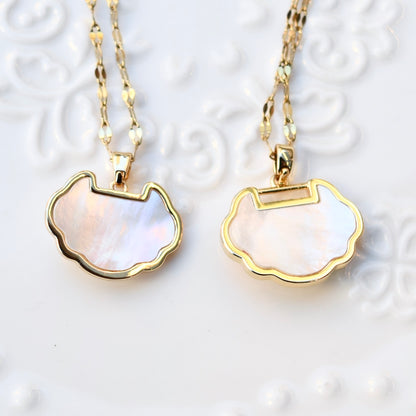Lotus Enamel Ruyi Lock Necklace – White Shell Pendant