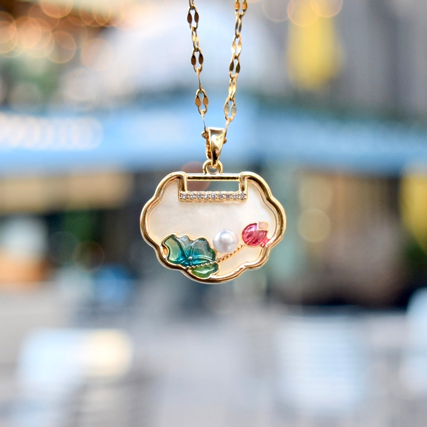 Lotus Enamel Ruyi Lock Necklace – White Shell Pendant