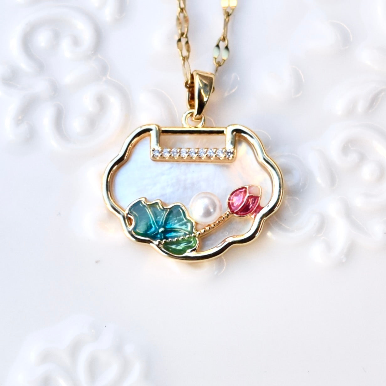 Lotus Enamel Ruyi Lock Necklace – White Shell Pendant