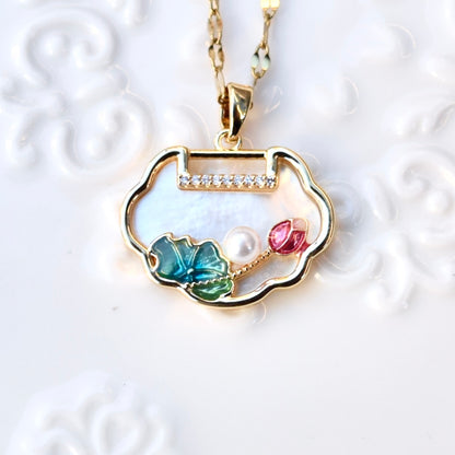 Lotus Enamel Ruyi Lock Necklace – White Shell Pendant