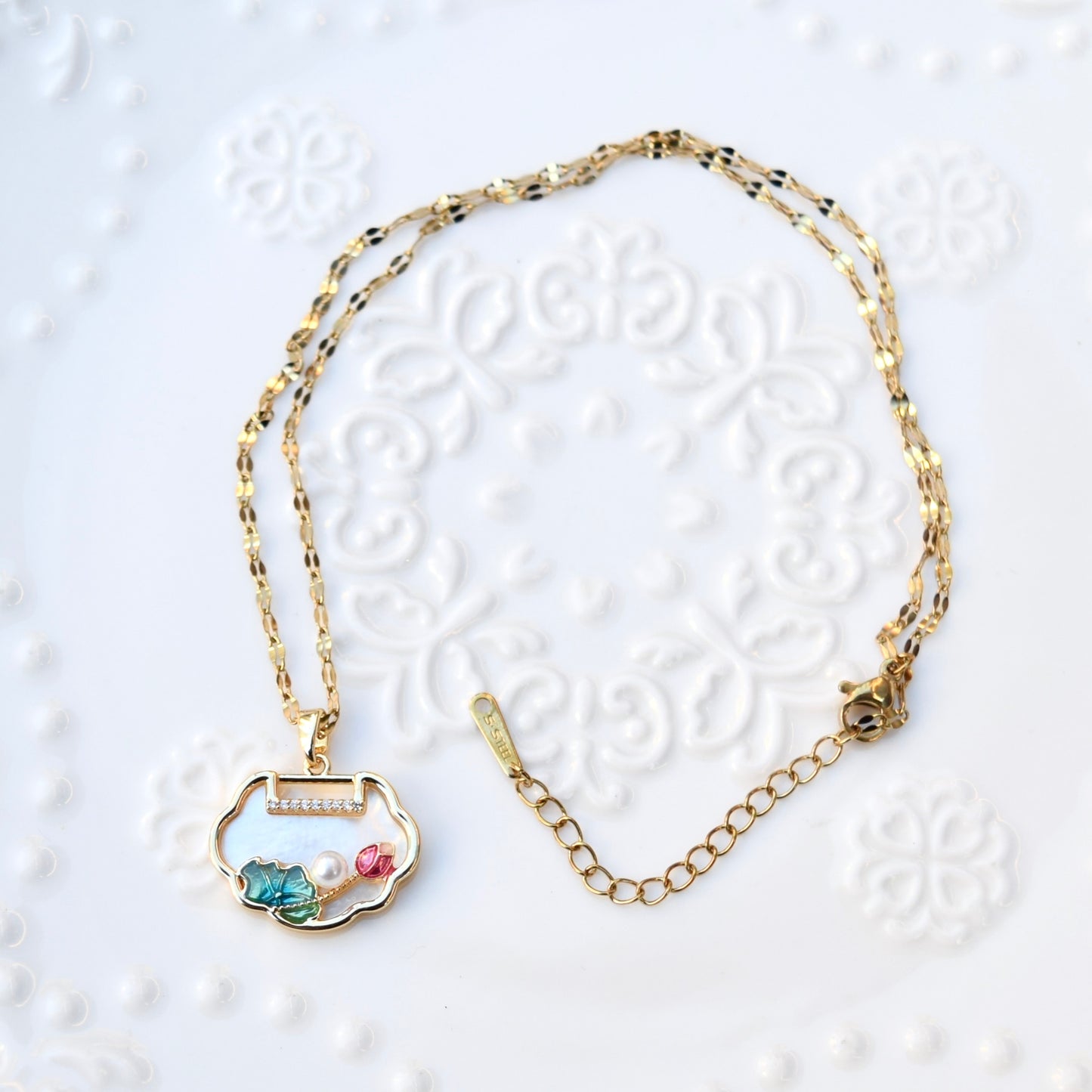Lotus Enamel Ruyi Lock Necklace – White Shell Pendant