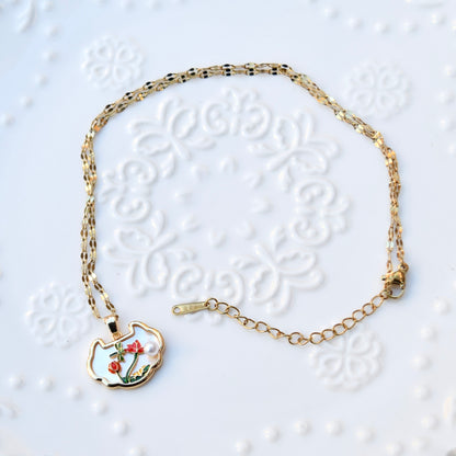 Lotus Enamel Ruyi Lock Necklace – White Shell Pendant