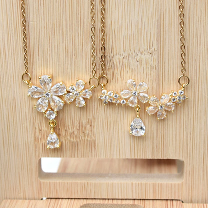 Double Crystal Flower Charm Necklace - Stainless Steel