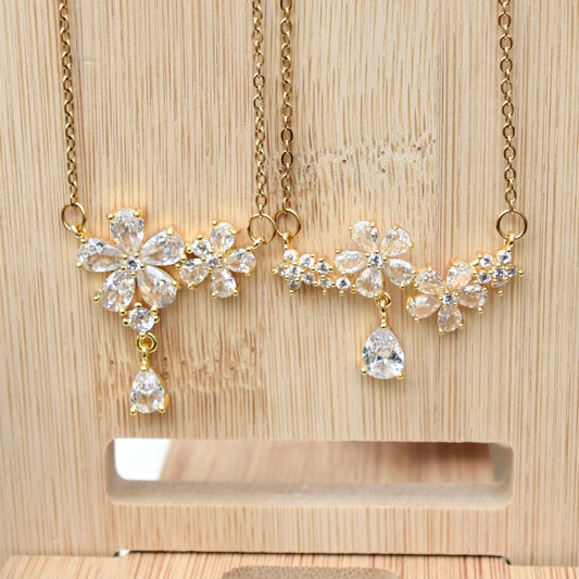 Double Crystal Flower Charm Necklace - Stainless Steel