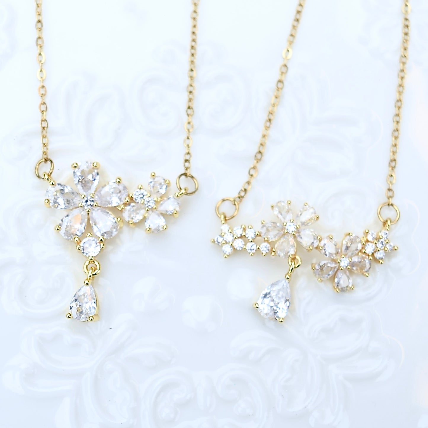 Double Crystal Flower Charm Necklace - Stainless Steel