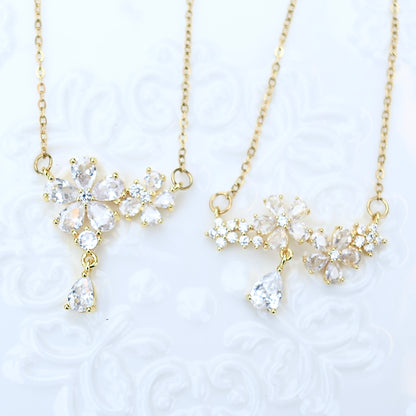 Double Crystal Flower Charm Necklace - Stainless Steel