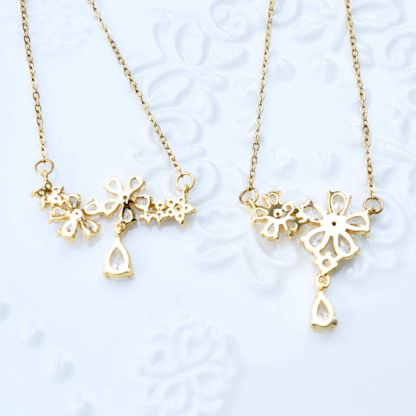 Double Crystal Flower Charm Necklace - Stainless Steel