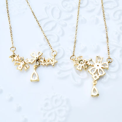 Double Crystal Flower Charm Necklace - Stainless Steel