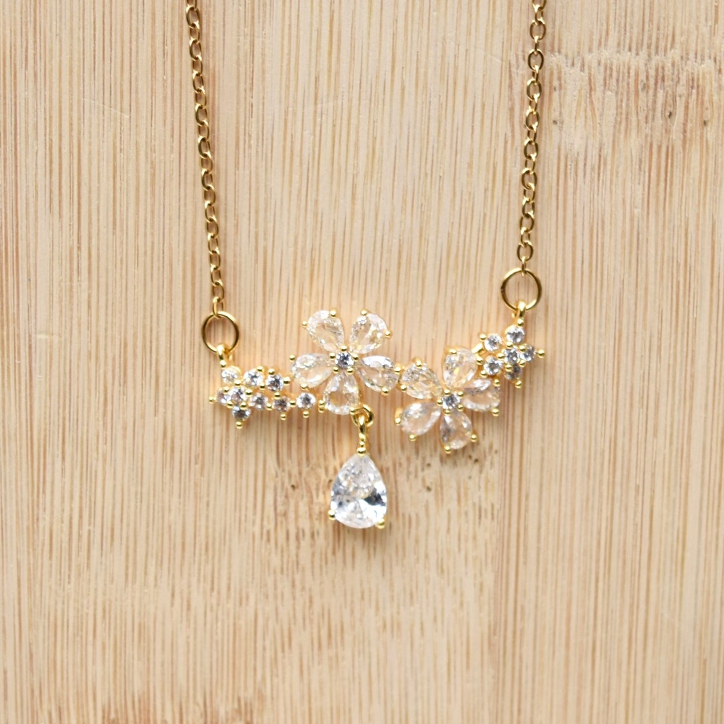 Double Crystal Flower Charm Necklace - Stainless Steel
