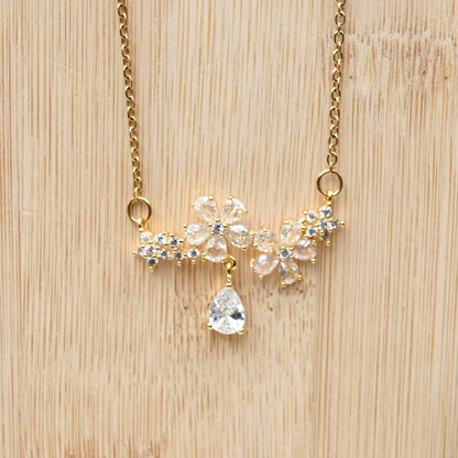 Double Crystal Flower Charm Necklace - Stainless Steel