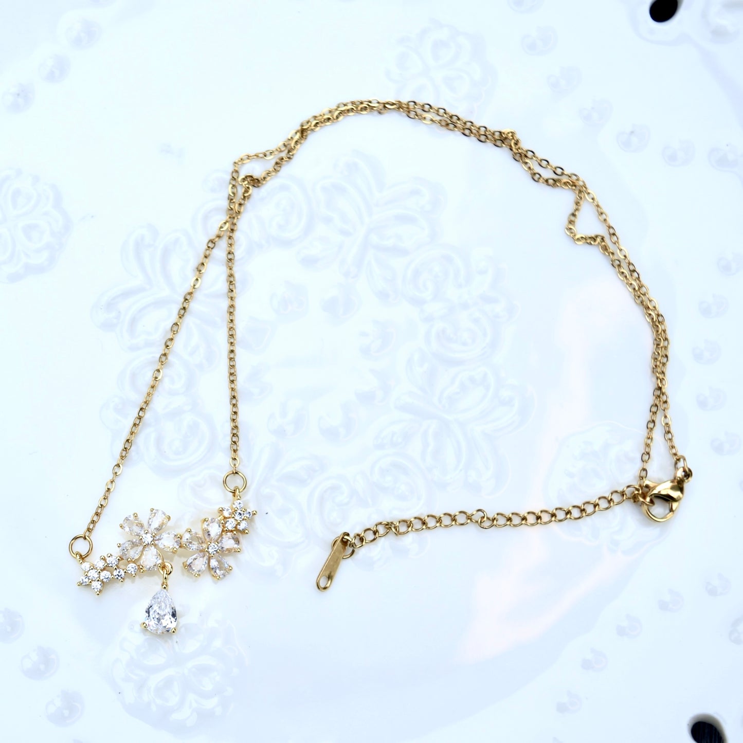 Double Crystal Flower Charm Necklace - Stainless Steel