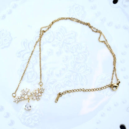 Double Crystal Flower Charm Necklace - Stainless Steel