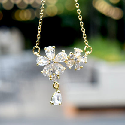 Double Crystal Flower Charm Necklace - Stainless Steel