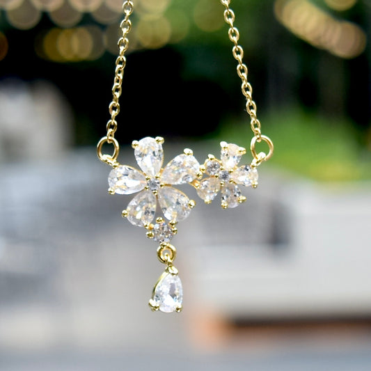 Double Crystal Flower Charm Necklace - Stainless Steel