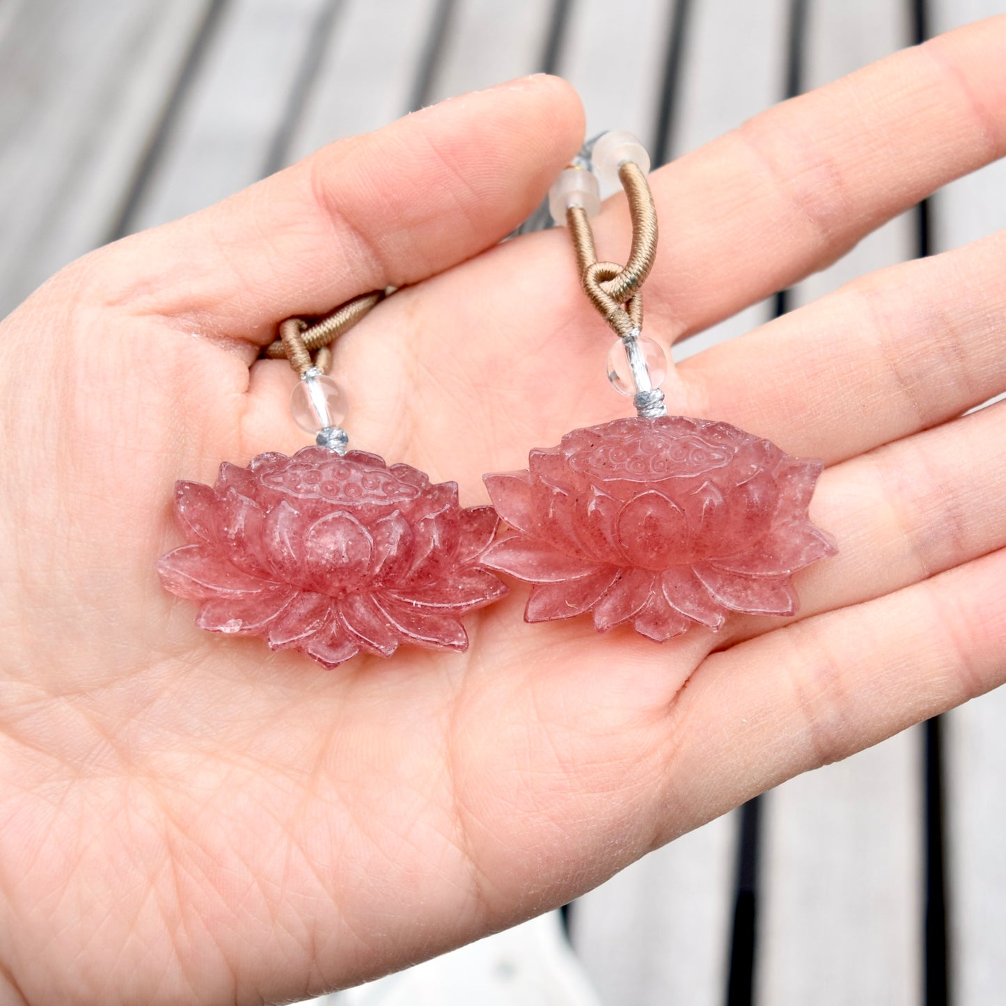 Red Lotus Pendant Rope Necklace - Strawberry Quartz Crystal