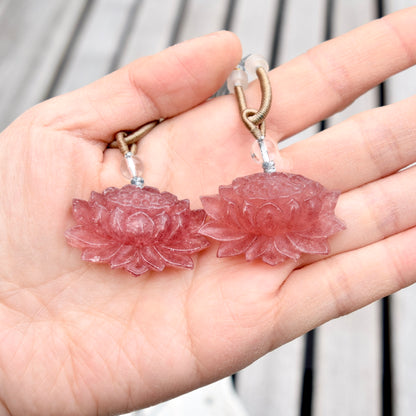 Red Lotus Pendant Rope Necklace - Strawberry Quartz Crystal